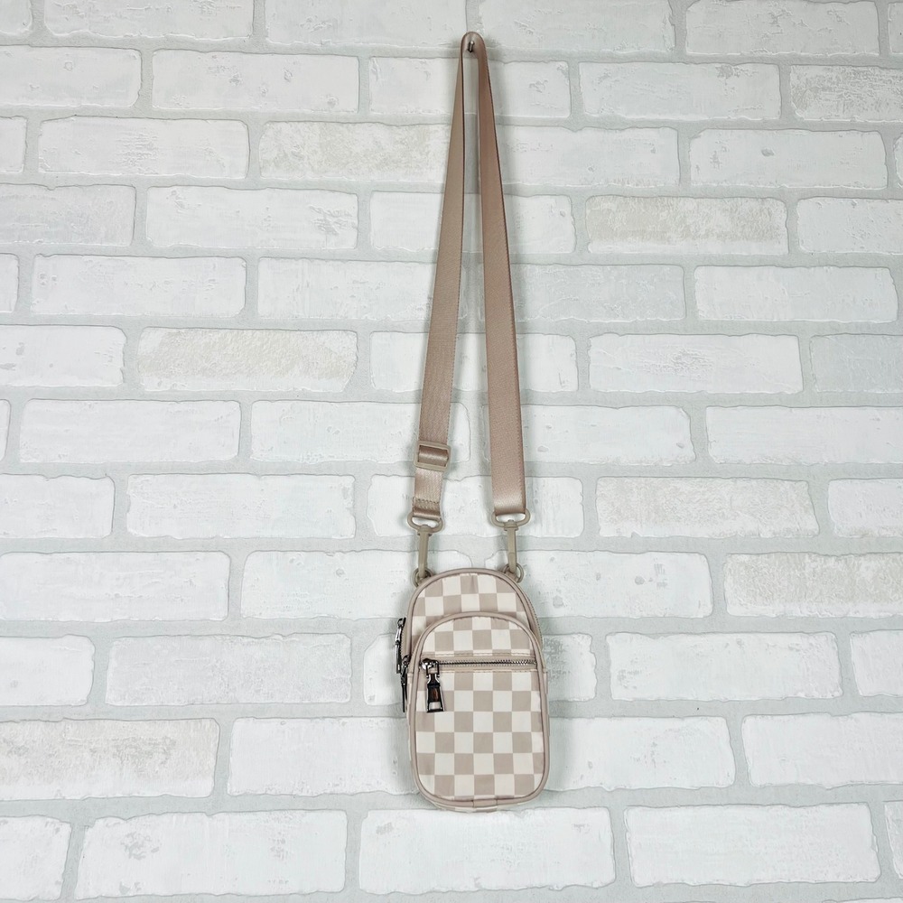 Checkerboard Crossbody Phone Bag Beige Cream Clear Window Touch Screen Accessory